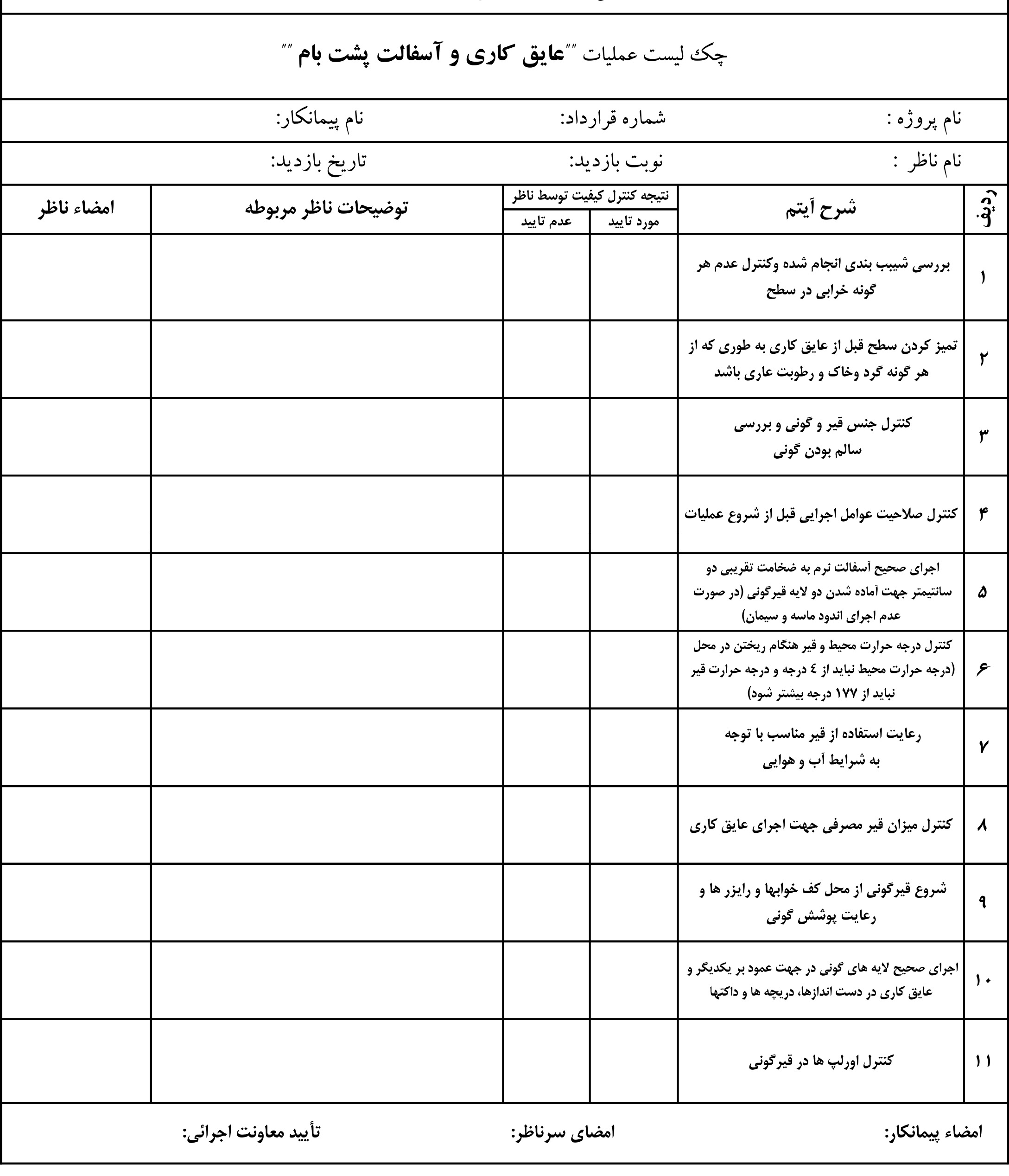 نمونه چک لیست عملیات عایق کاری و آسفالت پشت بام