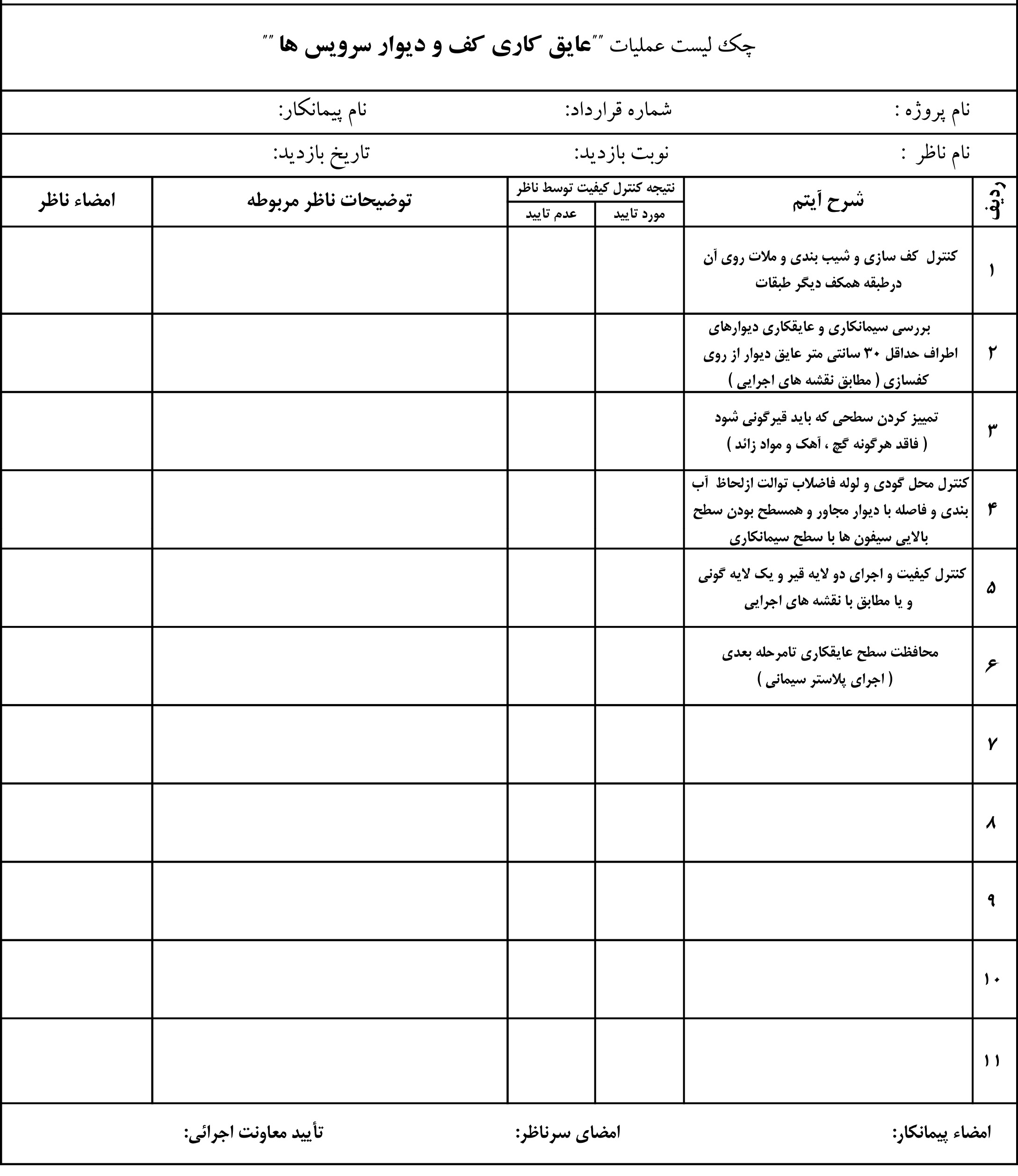 نمونه چک لیست عملیات عایق کاری کف و دیوارسرویس ها