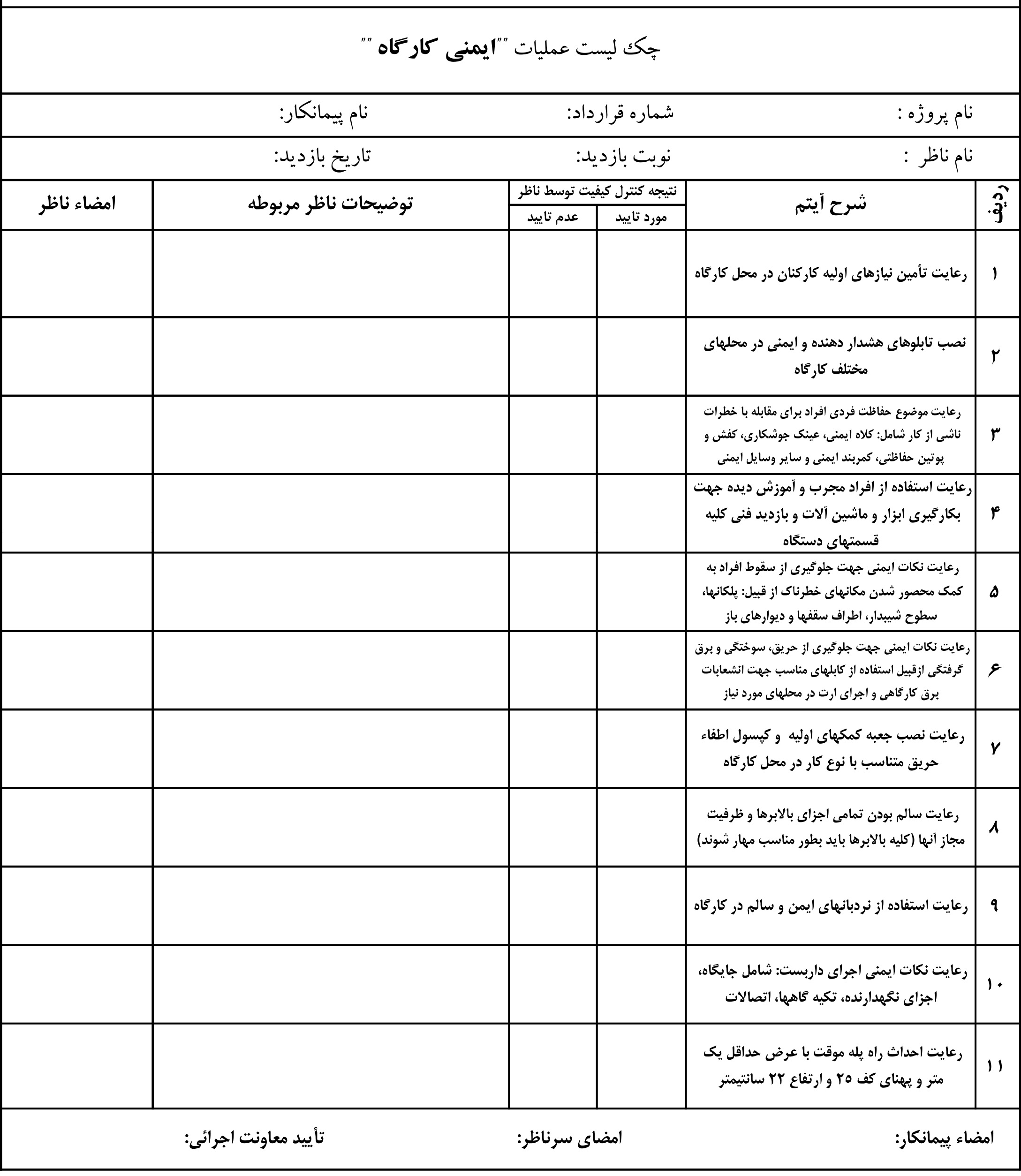 نمونه چک لیست عملیات ایمنی کارگاه