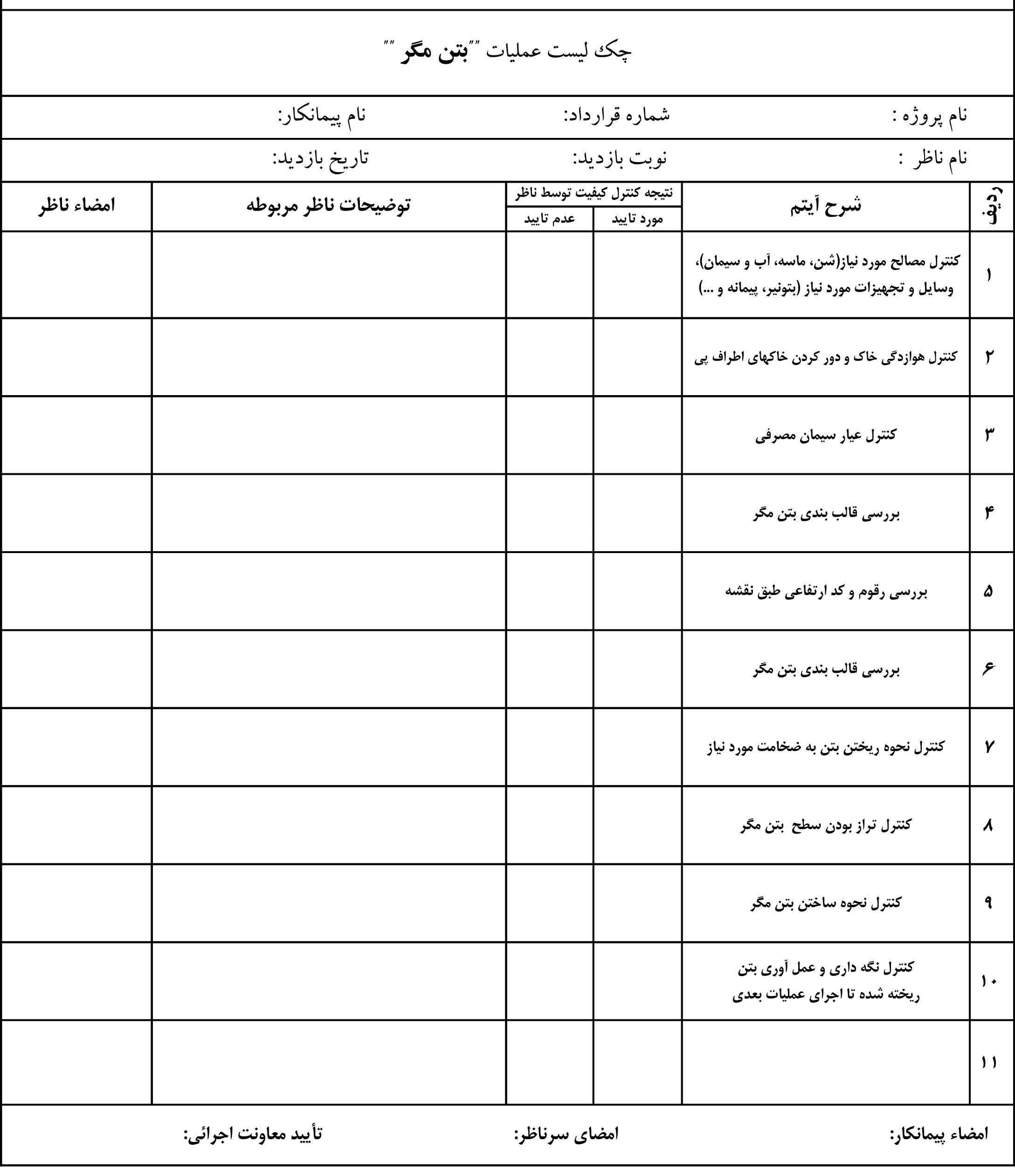 نمونه چک لیست عملیات  بتن مگر