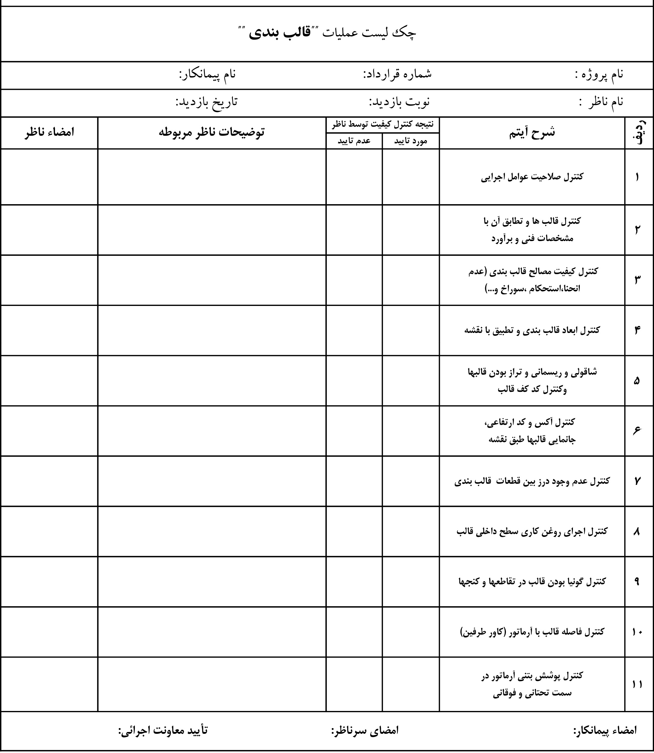 نمونه چک لیست عملیات قالب بندی